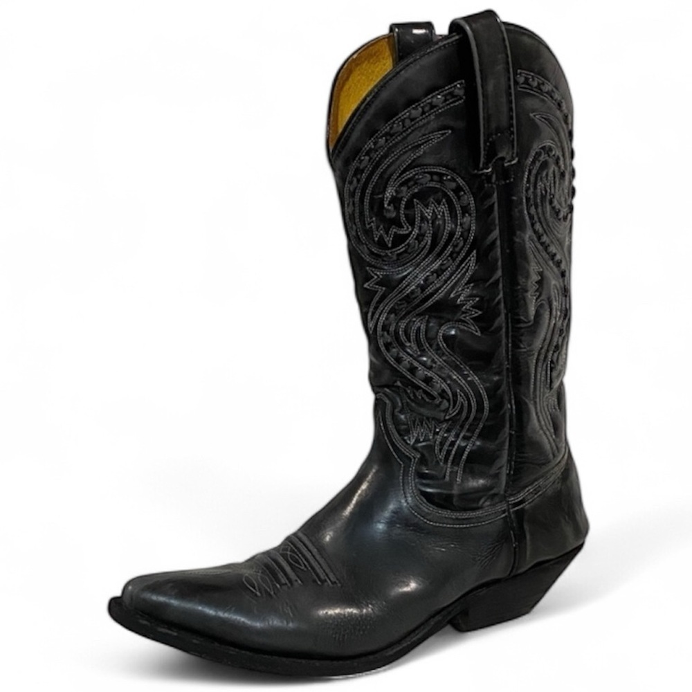 Tom Houston Black Grey Leather Cowboy Boots Size 8 Western Pointed Toe